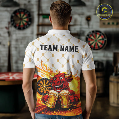 Bull & Cheer Beers Dartboard Custom Funny Darts Polo Shirts Men Dart Team Jerseys | White NYN2273