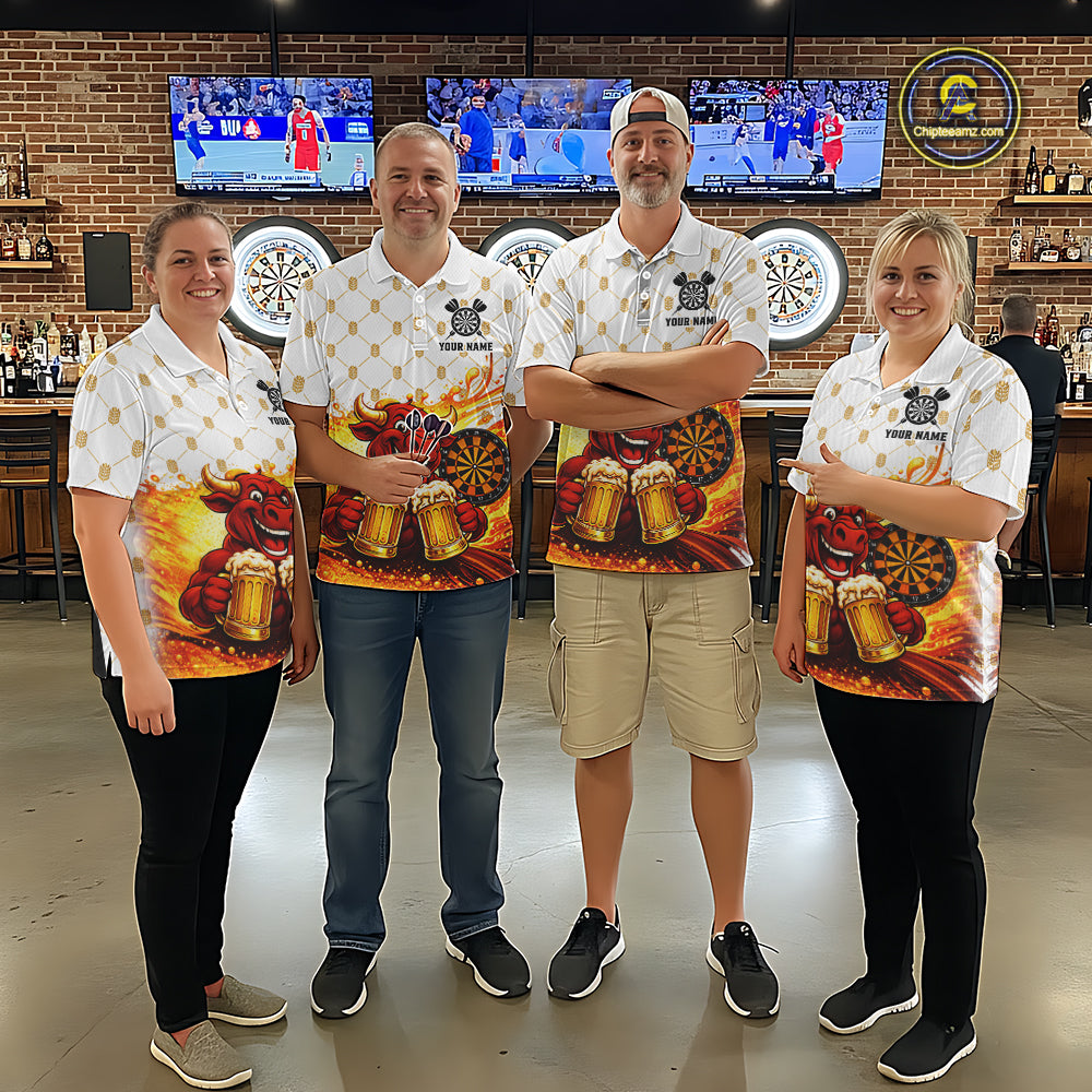 Bull & Cheer Beers Dartboard Custom Funny Darts Polo Shirts Men Dart Team Jerseys | White NYN2273
