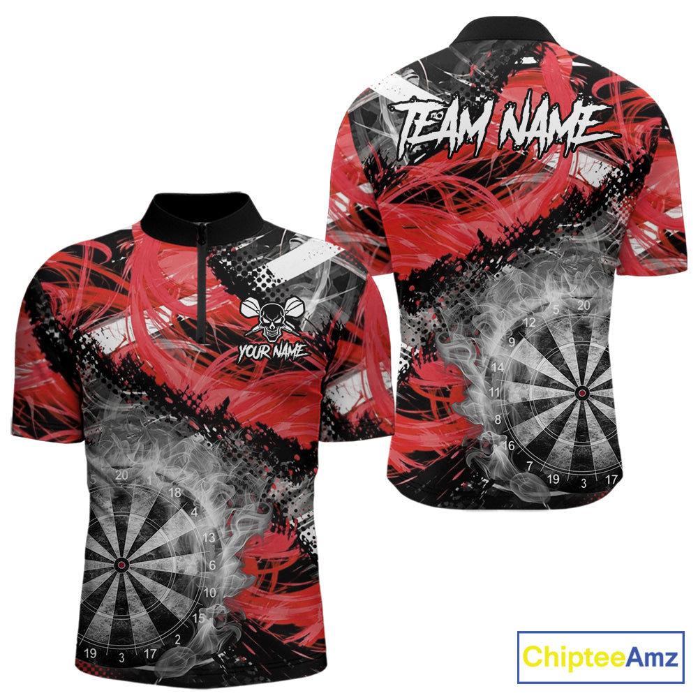 Red & Grey Smokes Dartboard Custom Men Darts Quarter-Zip  Shirts Grunge Dart League Jerseys NYN2279