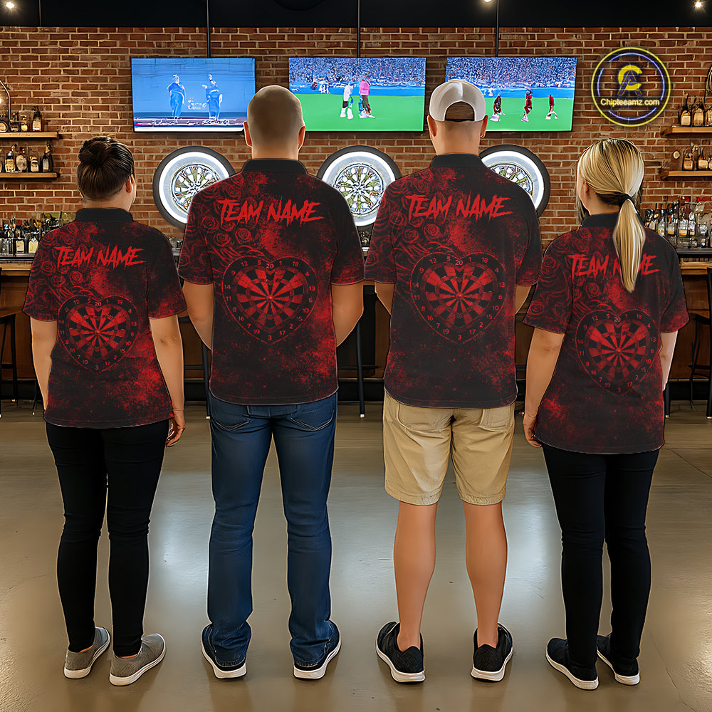 Red Grunge Roses Heart Dartboard Women Darts Valentine Shirt Custom Dart Quarter-Zip Couple Gifts NYN2573