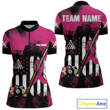 Load image into Gallery viewer, Pink Ribbon Grunge US Flag Patriotic Women Billiard Shirts Custom Breast Cancer Billiard Jerseys  NYN2943