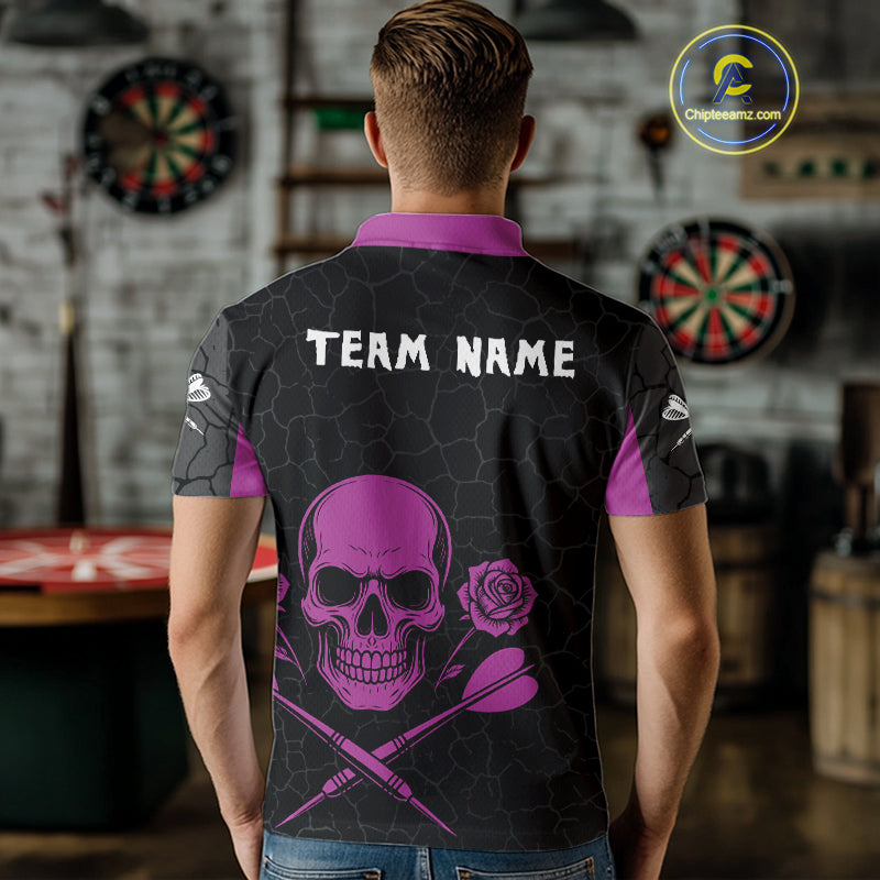 Purple Roses Skull & Black Cracked Pattern Darts Shirt For Men - Custom Team Name NYN0375