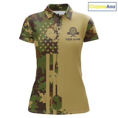 Green Beige Camo Women's Dart Polo Shirt, Personalized Patriot Dartboard Team Jersey, US Flag Camouflage Performance Polo, Tactical Sportswear