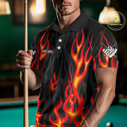 Red Flaming Pool 8 Ball Men Billiard Polo & Quarter-Zip Shirt Custom Billiard Team Jerseys NYN2285