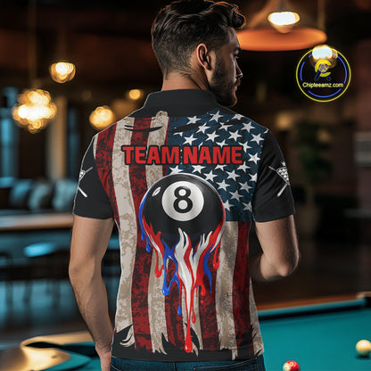 Grunge Dripping Pool 8 Ball Men Billiard Shirts Custom US Flag Patriotic Billiard Jerseys NYN2293