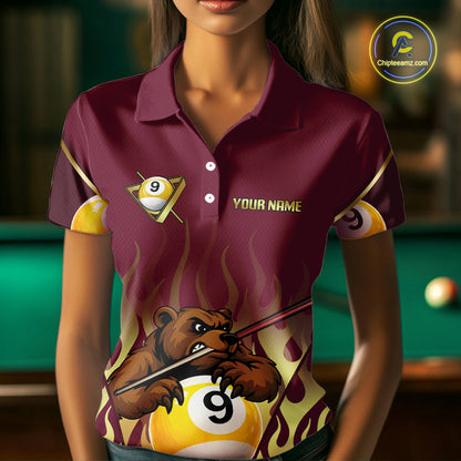 Bear & Pool 9 Ball Funny Billiard Shirts For Women Custom Name Billiard Team Jerseys NYN2296