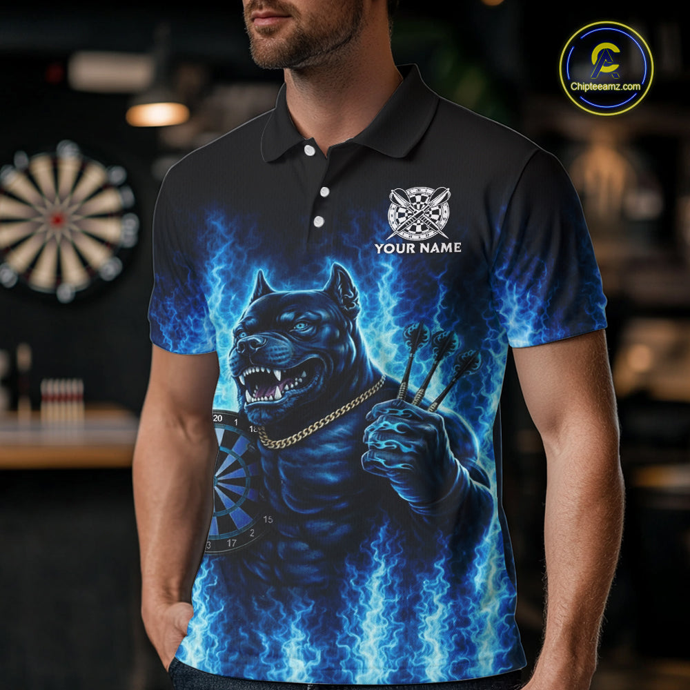 Personalized Blue Flames Bulldog Dartboard Men Darts Polo Shirt Custom Funny Darts Jerseys NYN2581