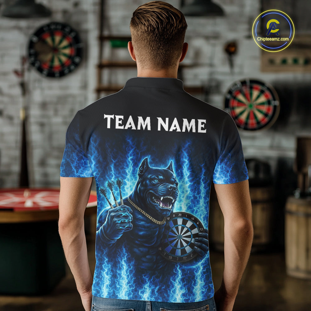 Personalized Blue Flames Bulldog Dartboard Men Darts Polo Shirt Custom Funny Darts Jerseys NYN2581
