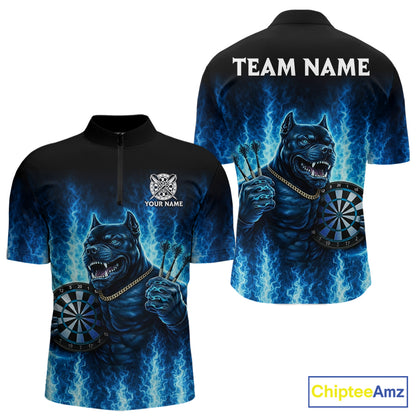 Personalized Blue Flames Bulldog Dartboard Men Darts 1/4-Zip Shirt Custom Funny Darts Jerseys NYN2581