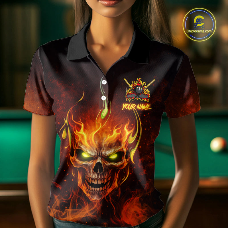 Orange Flaming Horror Skull 8 Ball Pool Women Billiard Polo & 1/4-Zip Shirt Custom Billiard Team Attire NYN2731