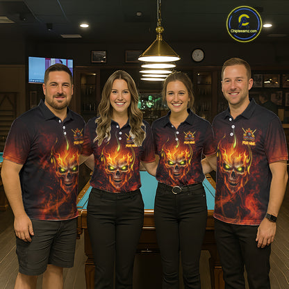 Orange Flaming Horror Skull 8 Ball Pool Women Billiard Polo & 1/4-Zip Shirt Custom Billiard Team Attire NYN2731