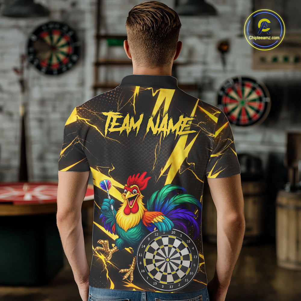 Funny Colorful Rooster Plays Darts Polo & Quarter Zip Shirt Custom Thunder Yellow Men Darts Jersey NYN2949