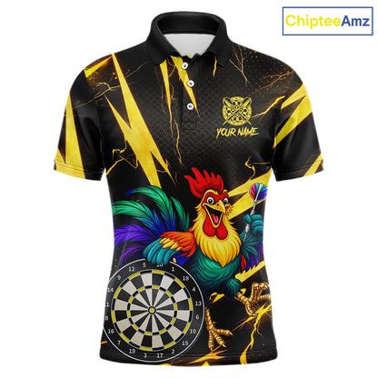 Funny Colorful Rooster Plays Darts Polo & Quarter Zip Shirt Custom Thunder Yellow Men Darts Jersey NYN2949