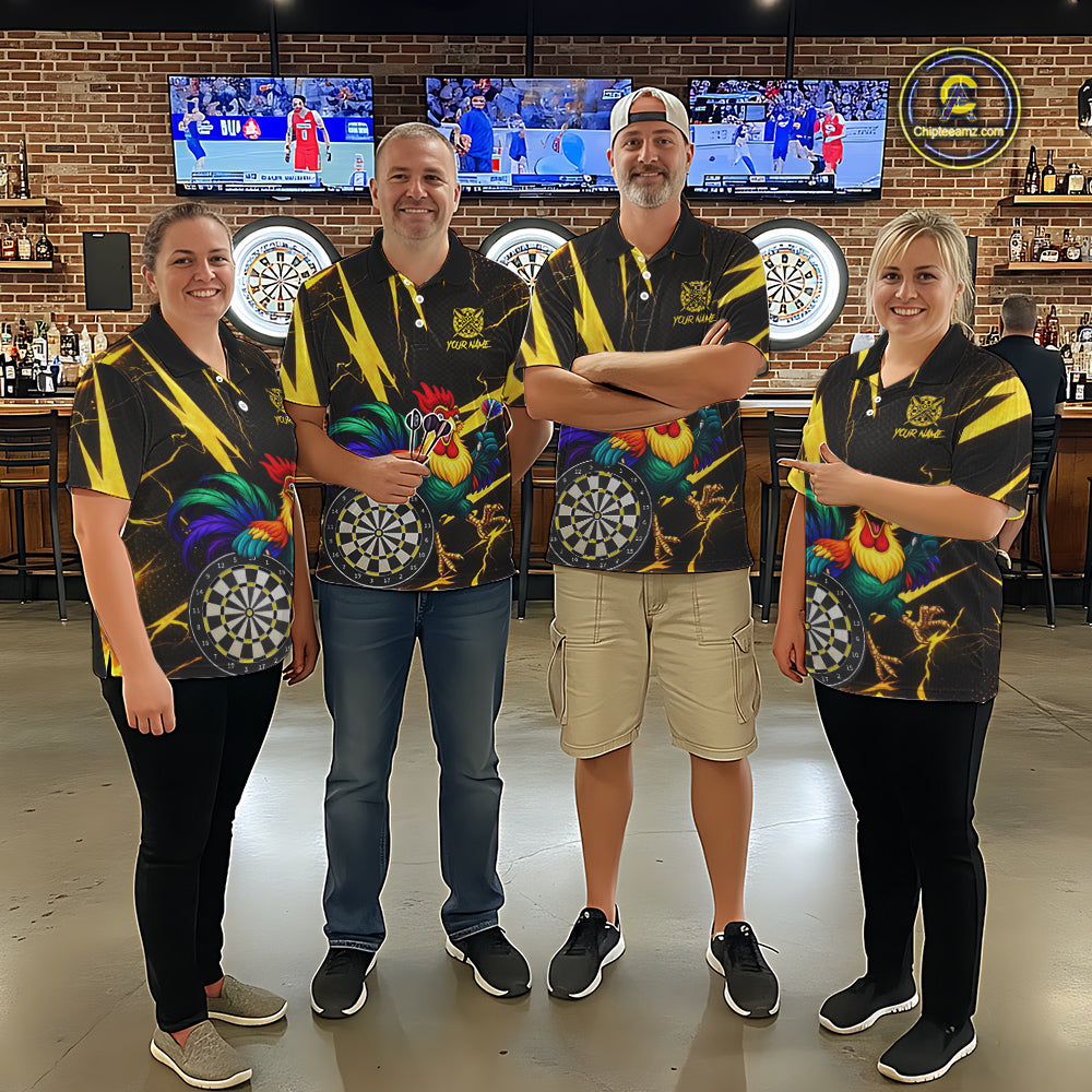 Funny Colorful Rooster Plays Darts Polo & Quarter Zip Shirt Custom Thunder Yellow Men Darts Jersey NYN2949