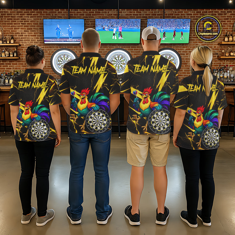 Funny Colorful Rooster Plays Darts Polo & Quarter Zip Shirt Custom Thunder Yellow Men Darts Jersey NYN2949