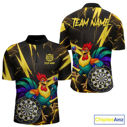 Funny Colorful Rooster Plays Darts Polo & Quarter Zip Shirt Custom Thunder Yellow Men Darts Jersey NYN2949