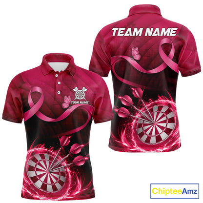 Pink Ribbon Thunder Lightning Men Dart Polo & Quarter Zip Shirt Custom Breast Cancer Darts Jersey NYN2947