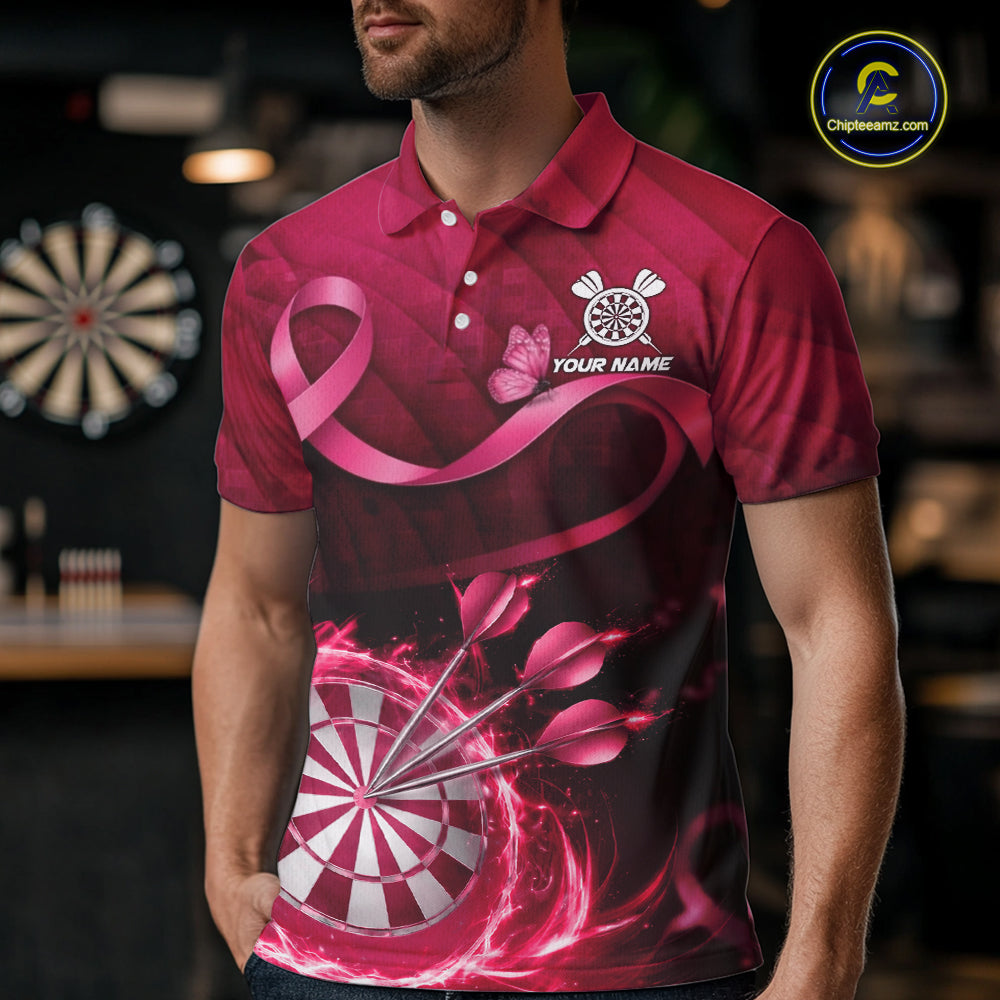 Pink Ribbon Thunder Lightning Men Dart Polo & Quarter Zip Shirt Custom Breast Cancer Darts Jersey NYN2947