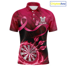 Load image into Gallery viewer, Pink Ribbon Thunder Lightning Men Dart Polo &amp; Quarter Zip Shirt Custom Breast Cancer Darts Jersey NYN2947
