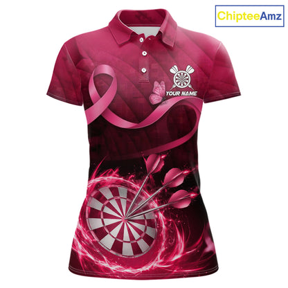 Pink Ribbon Thunder Lightning Women Dart Polo & Quarter Zip Shirt Custom Breast Cancer Darts Jersey NYN2947
