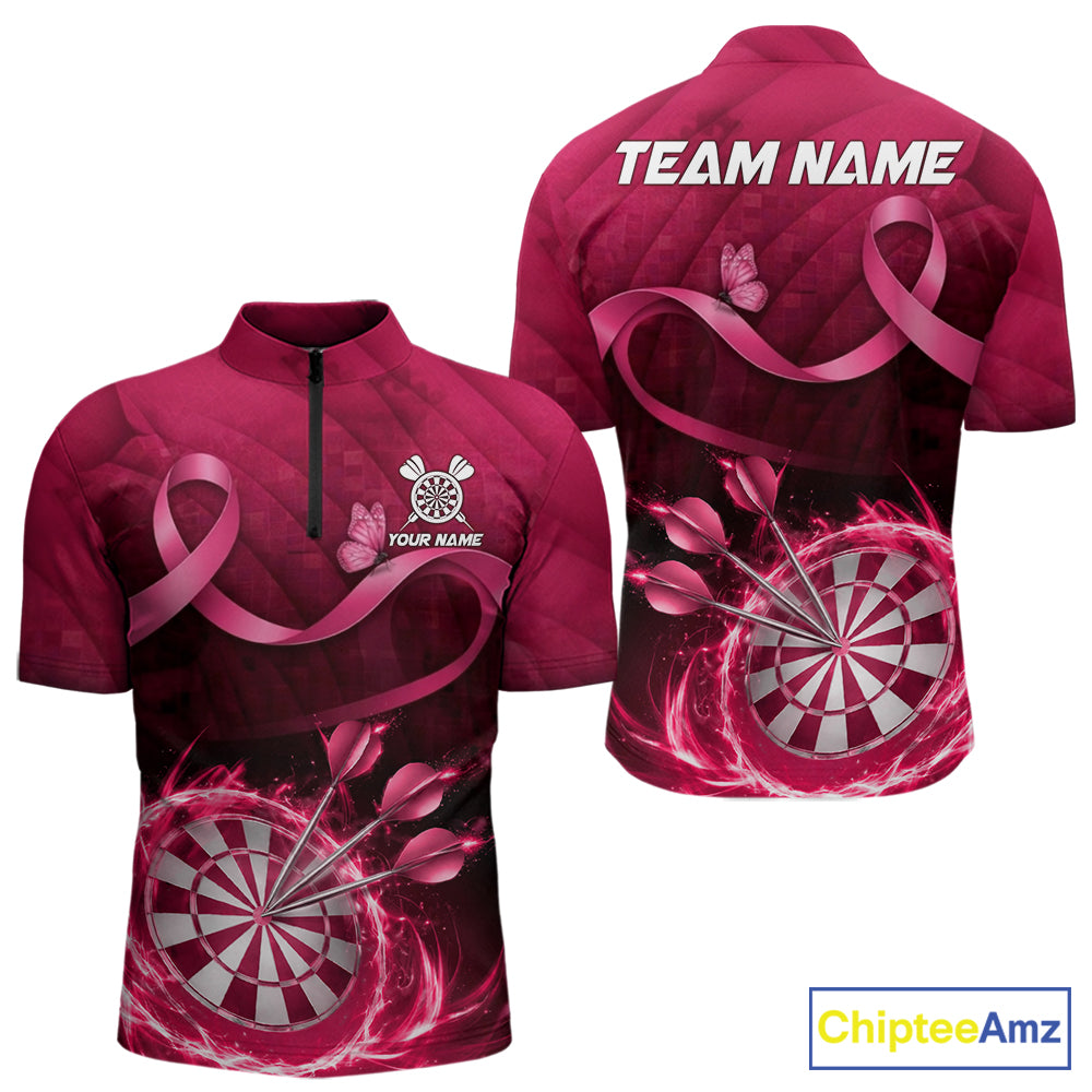 Pink Ribbon Thunder Lightning Men Dart Polo & Quarter Zip Shirt Custom Breast Cancer Darts Jersey NYN2947
