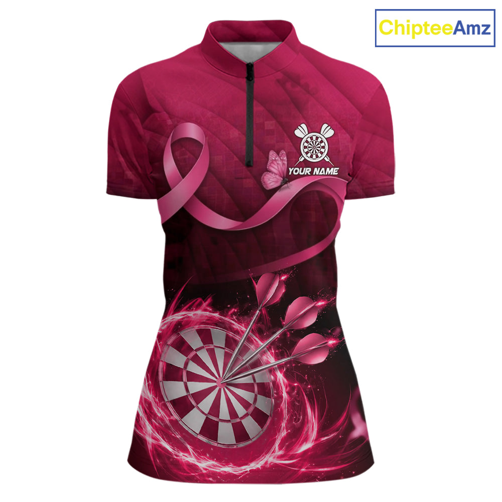 Pink Ribbon Thunder Lightning Women Dart Polo & Quarter Zip Shirt Custom Breast Cancer Darts Jersey NYN2947