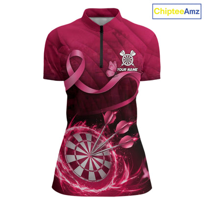 Pink Ribbon Thunder Lightning Women Dart Polo & Quarter Zip Shirt Custom Breast Cancer Darts Jersey NYN2947