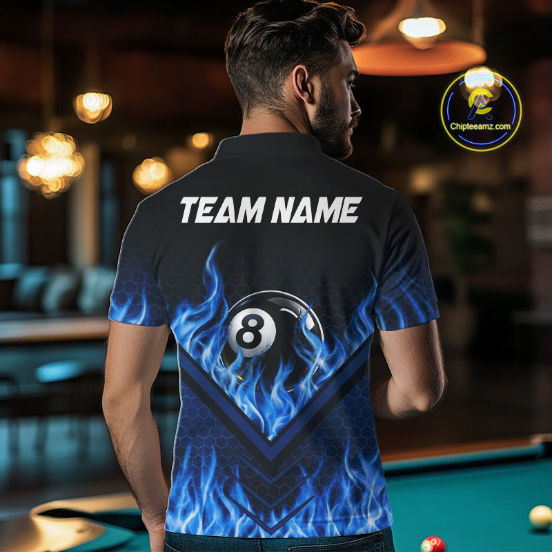 Blue Flaming Hexagon 8 Ball Billiard Pool Shirt For Men Custom Billiard Polo & 1/4 Zip Team Attire NYN3161