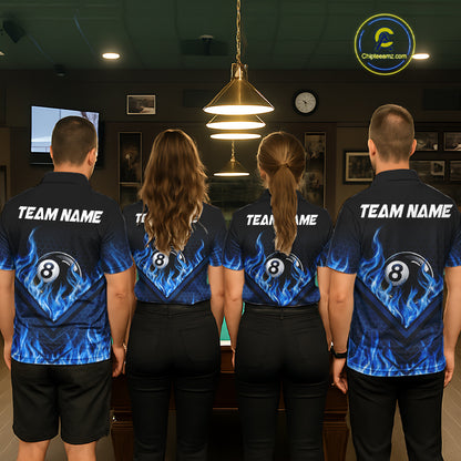 Blue Flaming Hexagon 8 Ball Billiard Pool Shirt For Men Custom Billiard Polo & 1/4 Zip Team Attire NYN3161