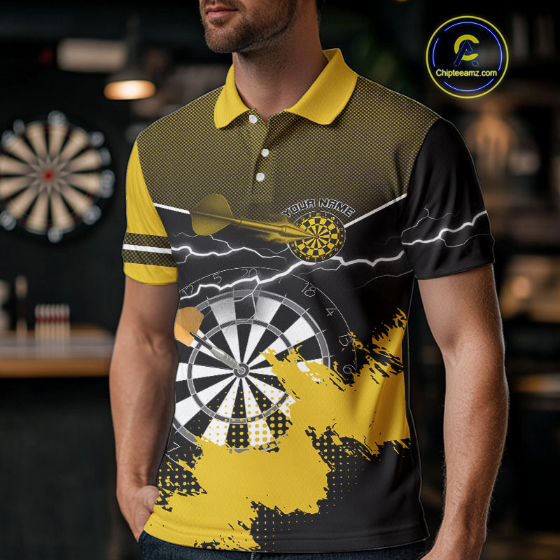 Yellow And Black Dartboard Lightning Darts Shirt For Men - Custom Team Name NYN0382