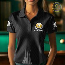Load image into Gallery viewer, Female billiard player wearing personalized Black 9 Ball pool shirt