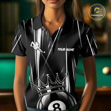 Load image into Gallery viewer, Female billiard player wearing Black White Crown 8 Ball custom billiard shirt