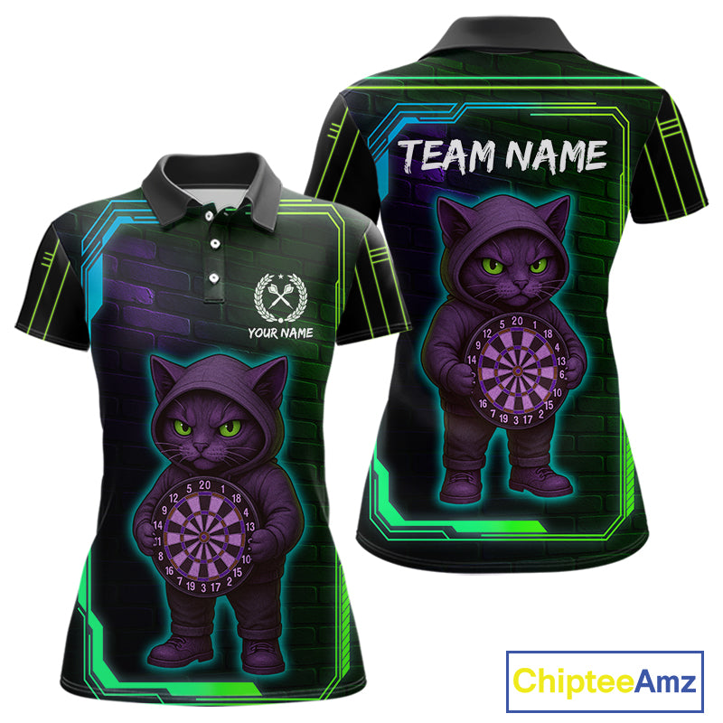 Lightning Cat Tech Green & Blue Neon Dartboard Women Dart Polo Shirt Funny Dart Jerseys NYN1792