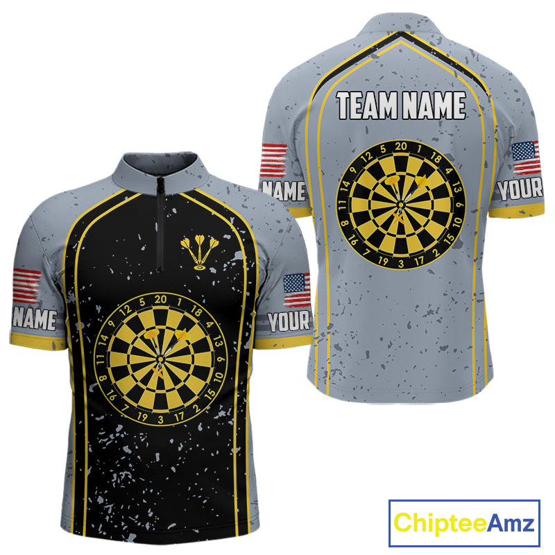 Custom Grey And Yellow US Flag Dartboard Dart Shirts For Men Patriotic Dart Team Jerseys NYN0042