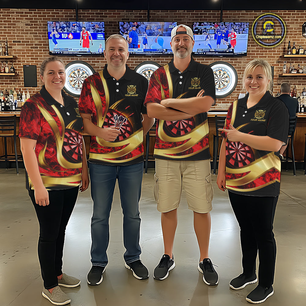 Personalized Red Flaming Thunder Darts Polo & 1/4-Zip Shirt For Men Gold Dart Team Dart Jerseys NYN2957