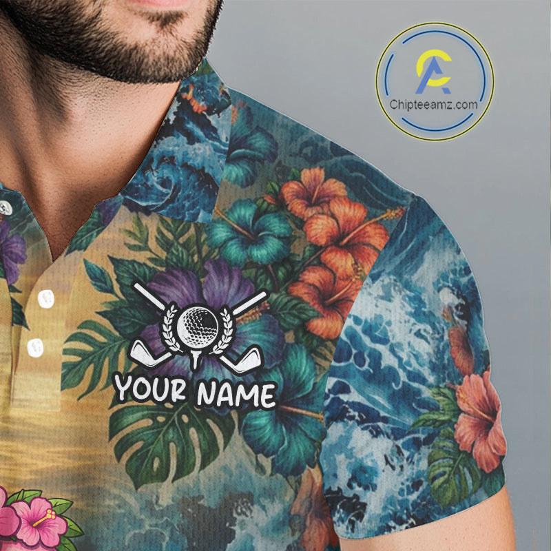 Mens Flamingo Golf Clothing Waving Tropical Golf Shirt Custom Floral Golf Polo, Best Golf Gifts NYN2959