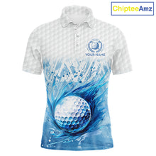 Load image into Gallery viewer, Custom Mens Golf Polo Shirts, Blue Splatter Golf Ball White Men Golf Polo Shirt, Best Golf Shirts NYN2961