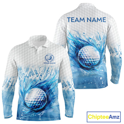 Custom Mens Golf Polo Shirts, Blue Splatter Golf Ball White Men Golf Polo Shirt, Best Golf Shirts NYN2961