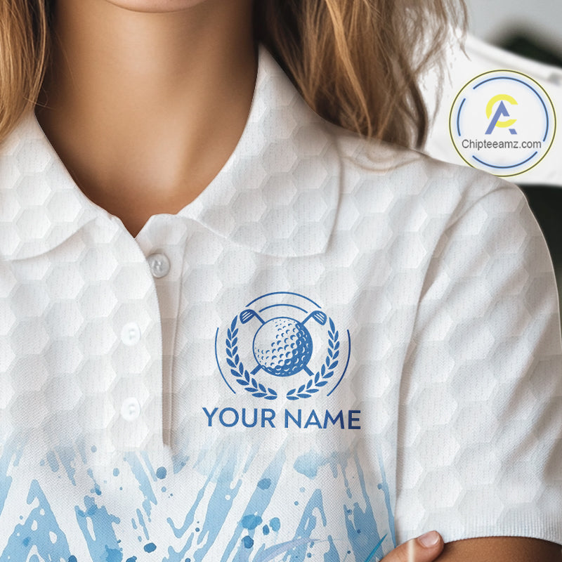 Custom Womens Golf Polo Shirts, Blue Splatter Golf Ball White Men Golf Polo Shirt, Best Golf Shirts NYN2961