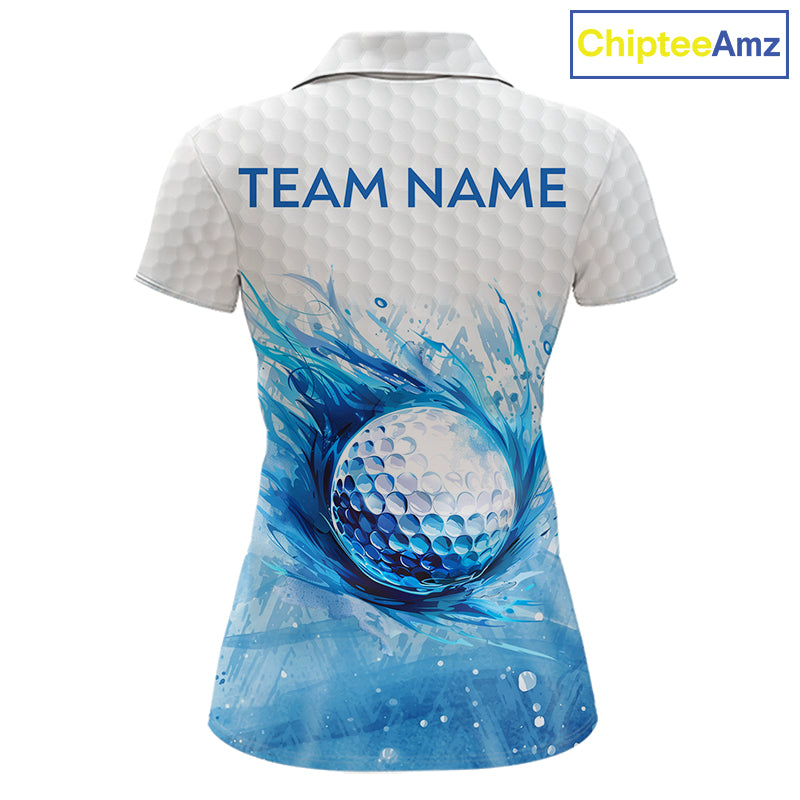 Custom Womens Golf Polo Shirts, Blue Splatter Golf Ball White Men Golf Polo Shirt, Best Golf Shirts NYN2961