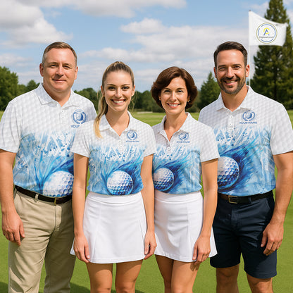 Custom Mens Golf Polo Shirts, Blue Splatter Golf Ball White Men Golf Polo Shirt, Best Golf Shirts NYN2961