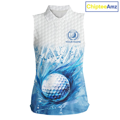 Custom Womens Golf Polo Shirts, Blue Splatter Golf Ball White Men Golf Sleeveless Polo Shirt, Golf Shirts NYN2961