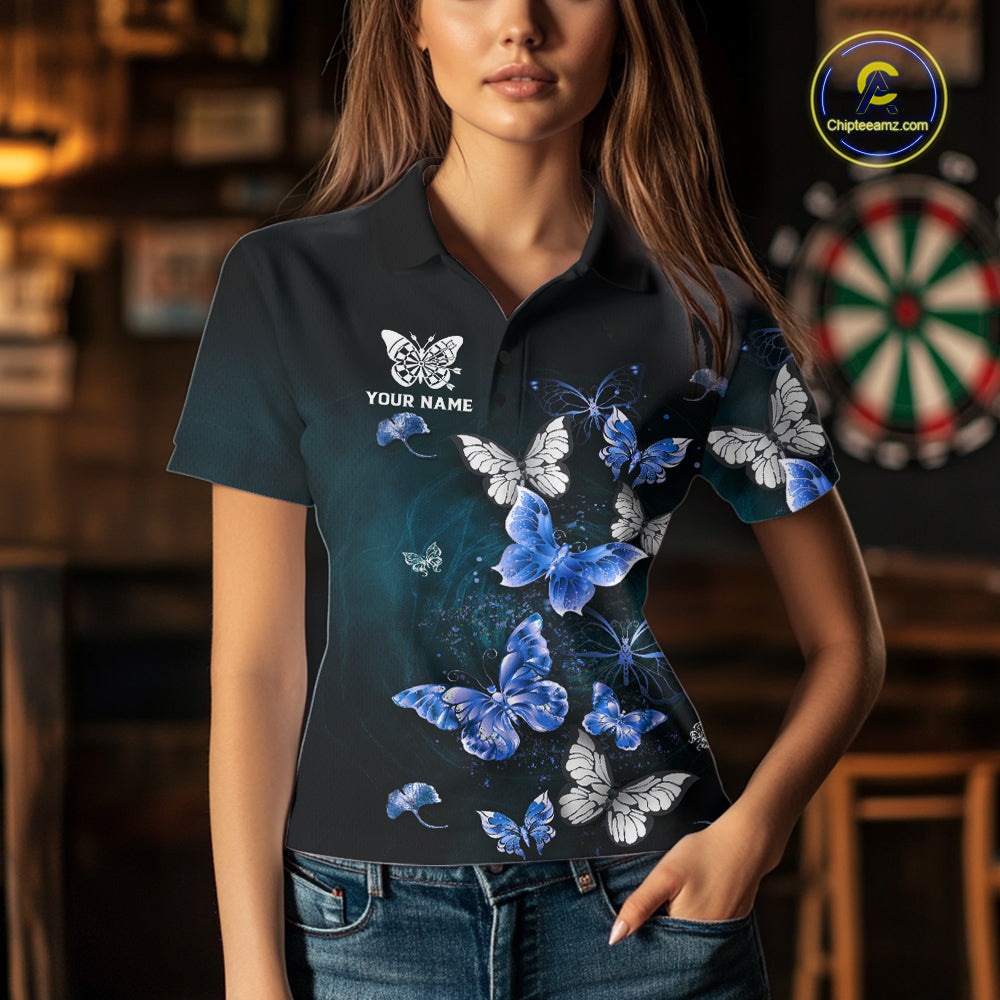 Custom Blue Butterfly Dart Polo & 1/4-Zip Shirt For Women Darts Team Shirt With Butterflies NYN3350