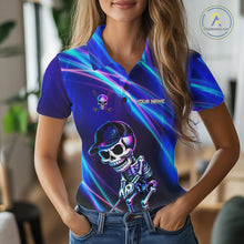 Load image into Gallery viewer, Female golfer wearing skeleton golf polo with glowing neon artwork, unique ladies golf apparel expressing confidence and individuality.
