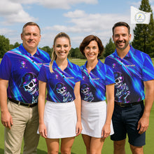 Load image into Gallery viewer, Golf team wearing matching neon skeleton golf polos for night golf tournaments, Halloween competitions and alternative golf clubs, representing unity and fearless attitude.