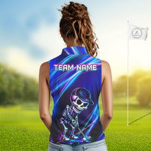 Load image into Gallery viewer, Female golfer wearing skeleton golf polo with glowing neon artwork, unique ladies golf apparel expressing confidence and individuality.