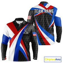 Load image into Gallery viewer, Men's black golf polo featuring golf ball pattern and patriotic American flag artwork, personalized performance golf apparel for men's golf tournaments, veterans, golf clubs and Father's Day gifts, symbolizing strength, unity and American pride.