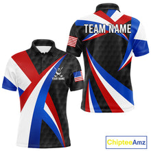 Load image into Gallery viewer, Men's black golf polo featuring golf ball pattern and patriotic American flag artwork, personalized performance golf apparel for men's golf tournaments, veterans, golf clubs and Father's Day gifts, symbolizing strength, unity and American pride.