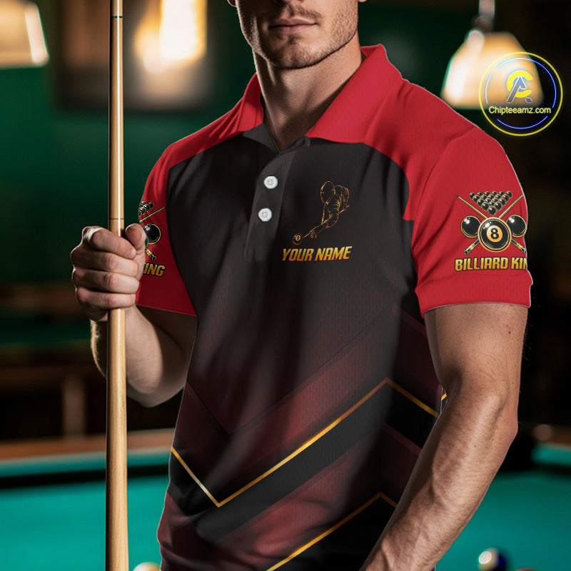 Custom Red Billiard Polo & Quarter-Zip Jerseys For Men Gold 8 Ball Pool Team Jersey NYN2314