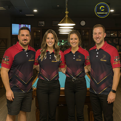 Custom Red Billiard Polo & Quarter-Zip Jerseys For Women Gold 8 Ball Pool Team Jersey NYN2314